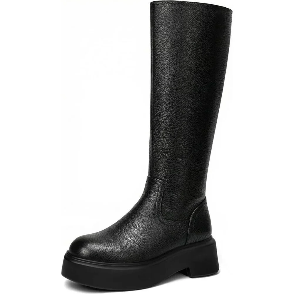 Women's Black Knee Leather Platform Chelsea Boots Front Zip Chunky Combat Bootie